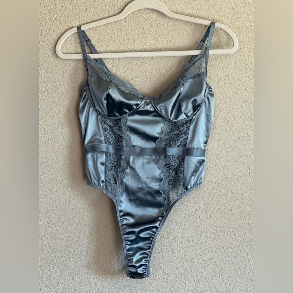 Pretty Little Thing Baby Blue Satin Bodysuit